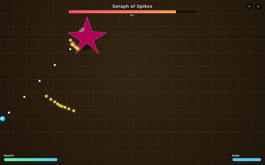 BOSS FORGE: a pink star-shaped boss firing bullets at a small blue hero