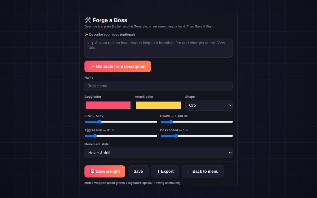 The forge editor with sliders for size, health, aggression and speed