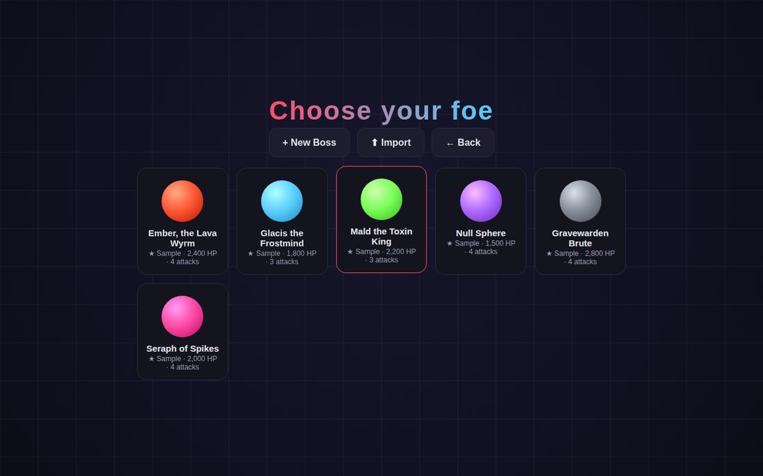 The boss select screen with six sample bosses