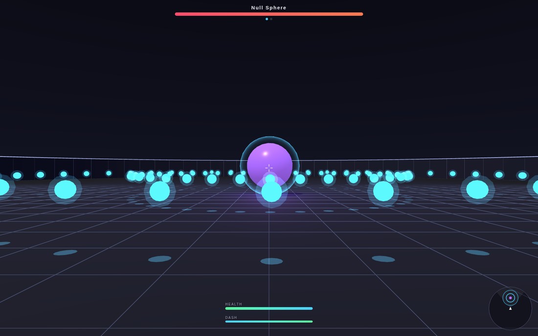 BOSS FORGE 3D: the Null Sphere boss glowing over a grid arena, ringed by expanding cyan bullets
