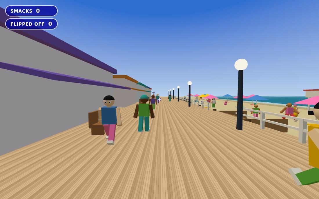 The boardwalk deck with shops on one side and umbrellas on the other