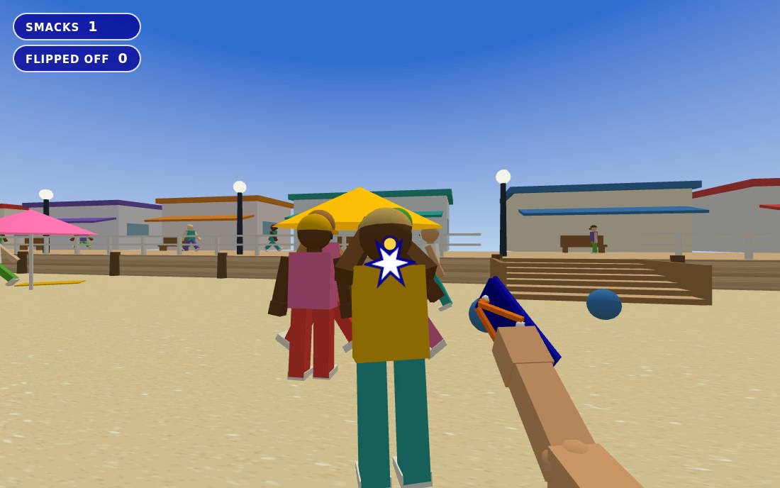 Flip-Flop: a first-person view on a beach, mid swing, the sandal connecting with a bystander who is saying HEY