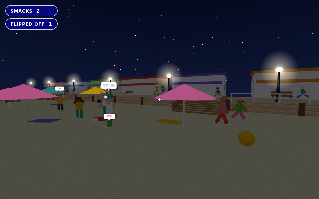 The same beach at night, stars overhead and the boardwalk lamps lit