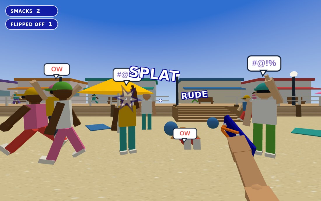Four people reacting at once: one on the ground, one staggering, two swearing at you