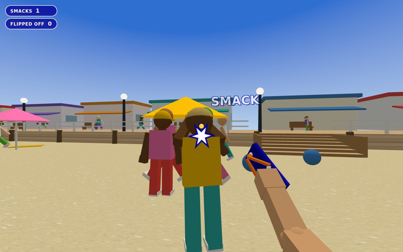 Flip-Flop: a first-person view on a beach, mid swing, the sandal connecting with a bystander who is saying HEY