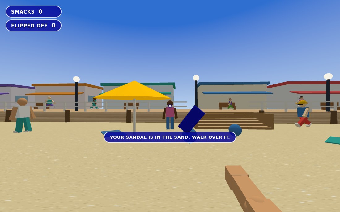 The sandal spinning through the air towards a man standing on the sand