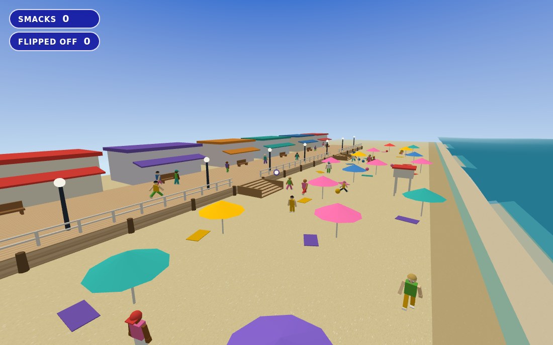 A wide view of the whole beach, boardwalk, shops, umbrellas and sea