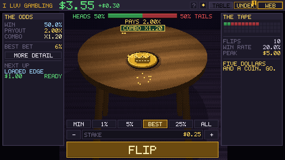 I LUV GAMBLING: a pixel-art card table with a gold coin