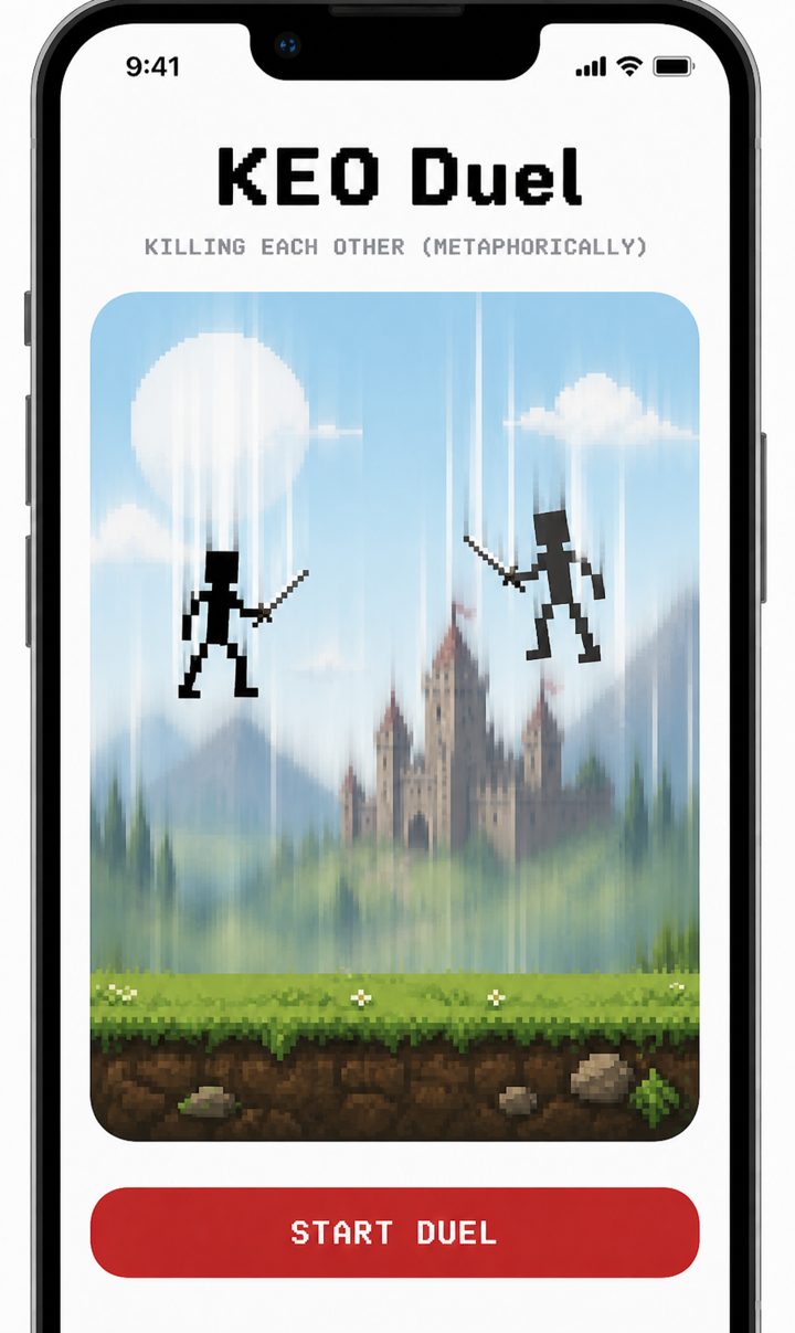 KEO Duel on an iPhone: two pixel sword fighters mid-swing in front of a castle