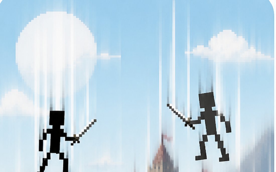 KEO Duel: two pixel sword fighters in front of a castle